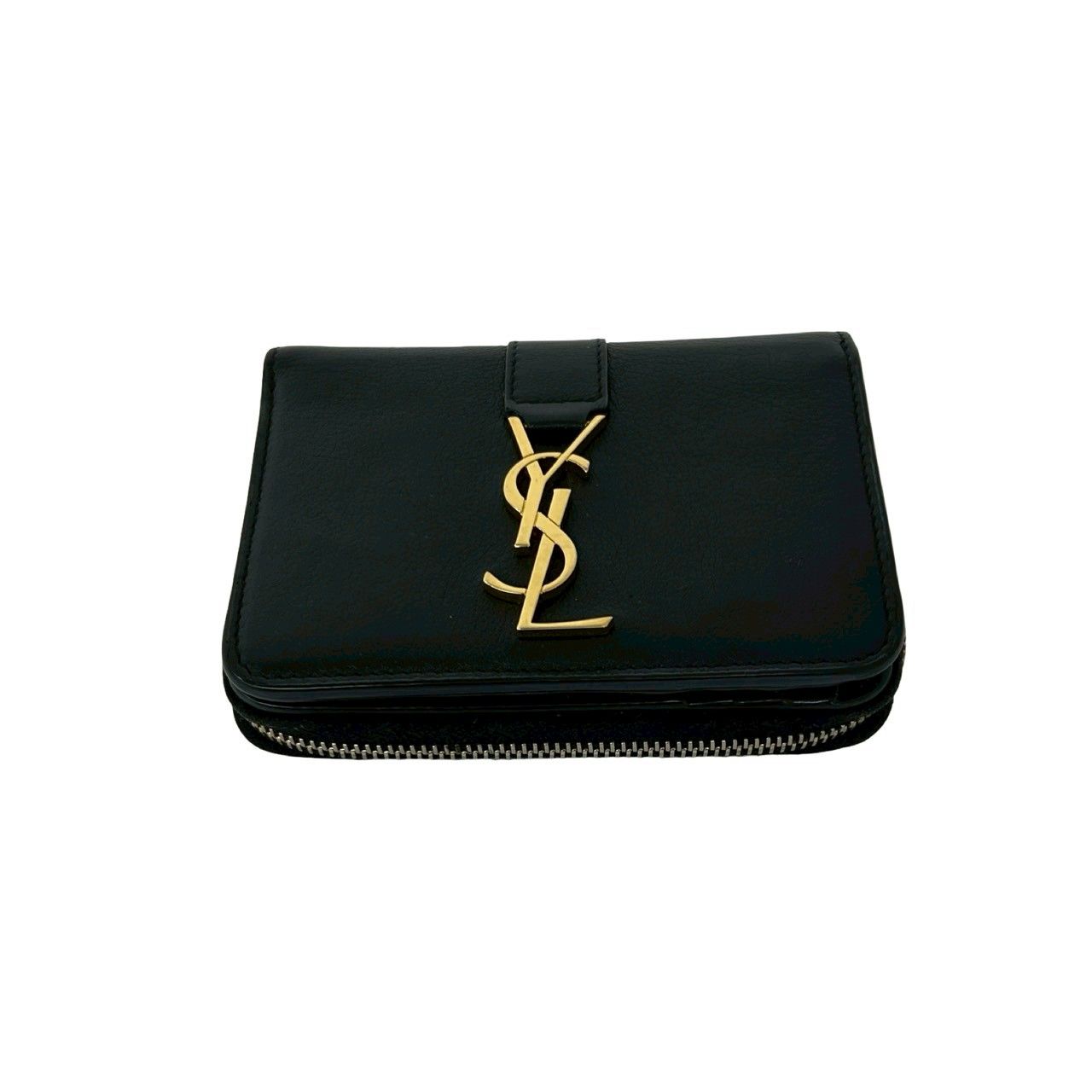 Saint Laurent YSL Cassandra Logo Leather Round Zip Bifold Wallet Mini Black