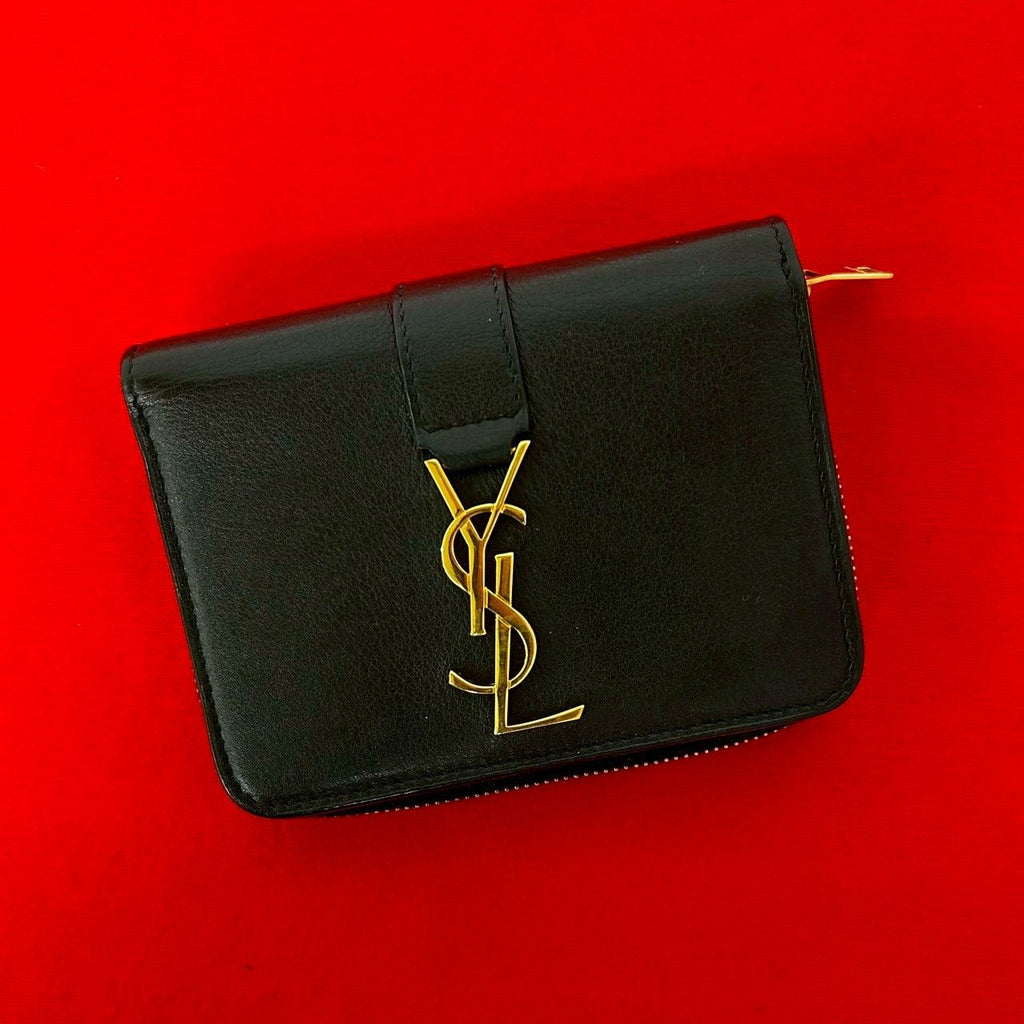 Saint Laurent YSL Cassandra Logo Leather Round Zip Bifold Wallet Mini Black
