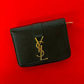 Saint Laurent YSL Cassandra Logo Leather Round Zip Bifold Wallet Mini Black