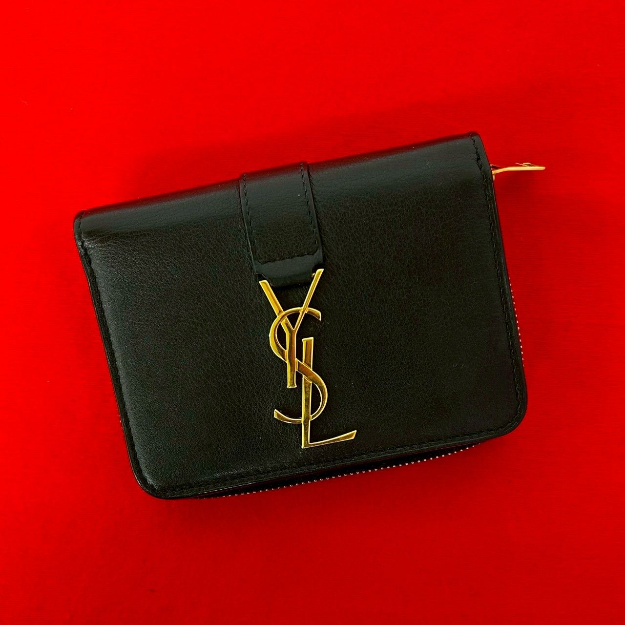 Saint Laurent YSL Cassandra Logo Leather Round Zip Bifold Wallet Mini Black