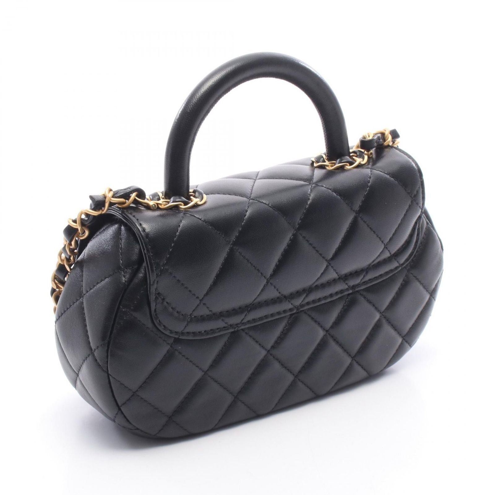 Chanel Shoulder Bag Quilted Top Handle 2-Way Black Lambskin Chain