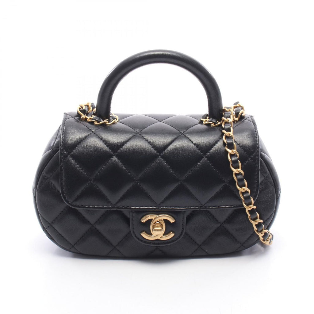 Chanel Shoulder Bag Quilted Top Handle 2-Way Black Lambskin Chain