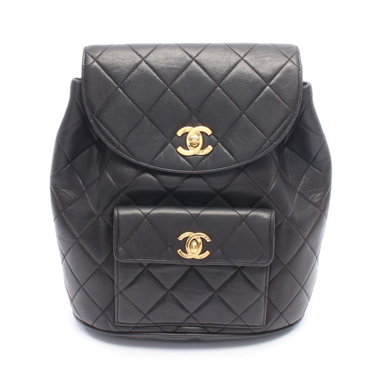 Chanel Backpack Quilted Turnlock Chain Black Lambskin Double