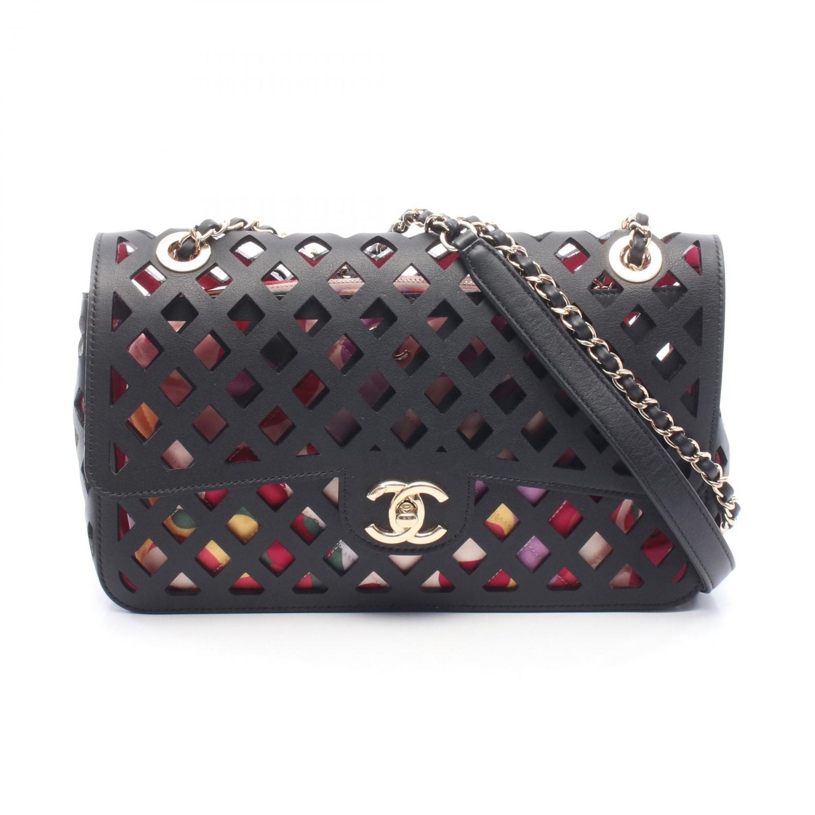 Chanel Shoulder Bag Perforated Black Lambskin Flap Chain