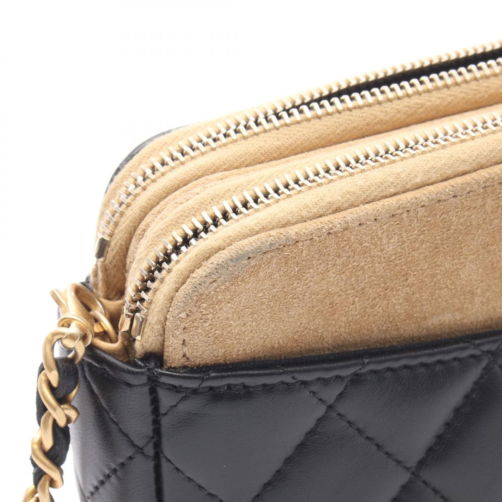 Chanel Shoulder Bag Quilted Phone Case Black Camel Lambskin Suede Chain Wallet