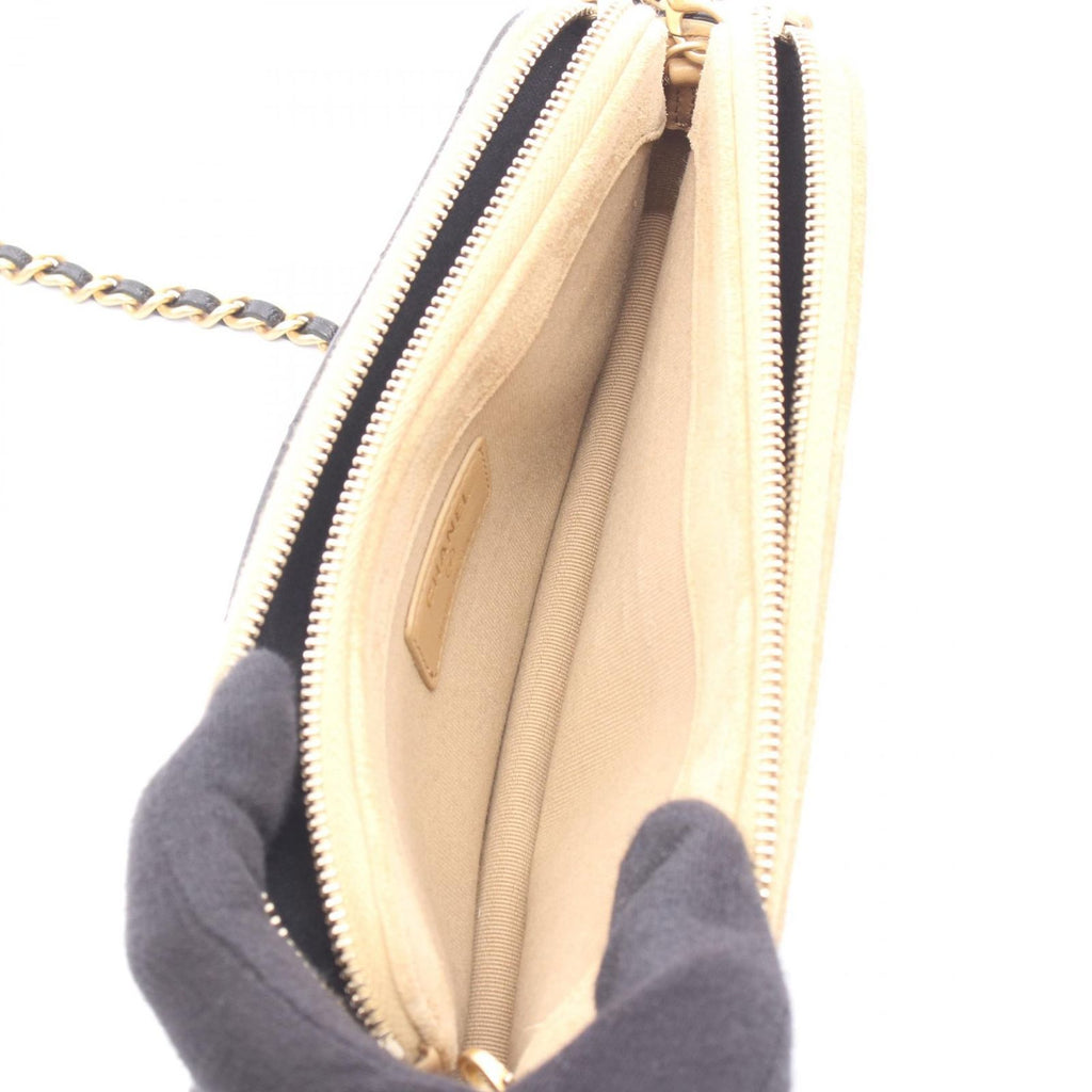 Chanel Shoulder Bag Quilted Phone Case Black Camel Lambskin Suede Chain Wallet