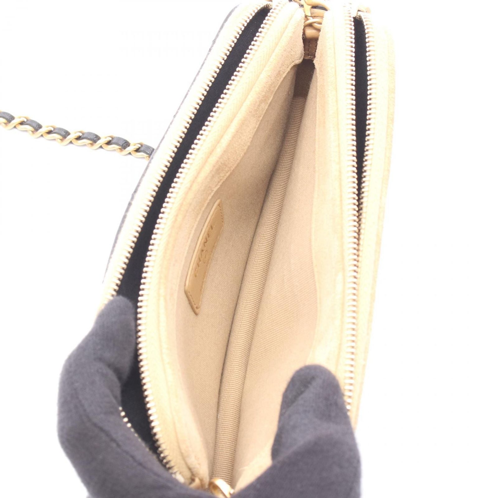 Chanel Shoulder Bag Quilted Phone Case Black Camel Lambskin Suede Chain Wallet
