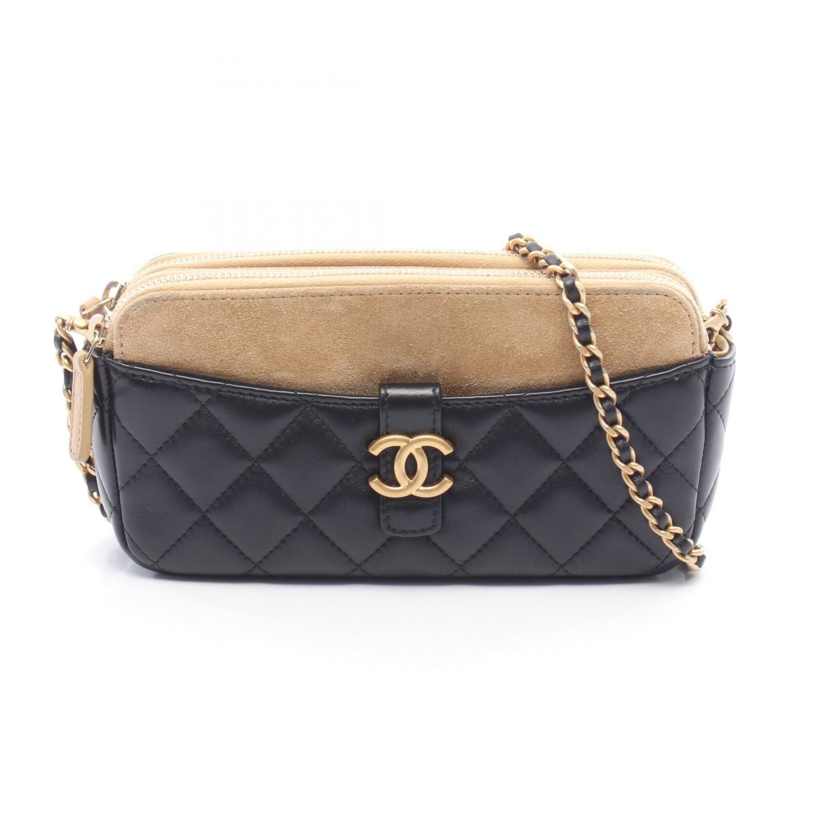 Chanel Shoulder Bag Quilted Phone Case Black Camel Lambskin Suede Chain Wallet