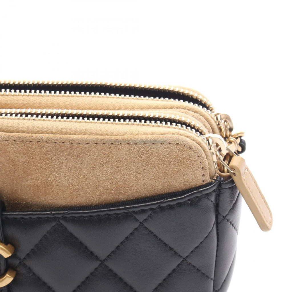 Chanel Shoulder Bag Quilted Phone Case Black Camel Lambskin Suede Chain Wallet