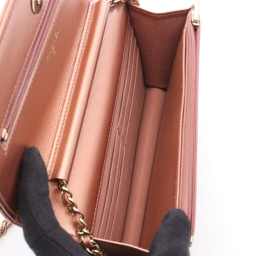 Chanel Shoulder Bag Quilted Metallic Rose Gold Leather Chain Wallet
