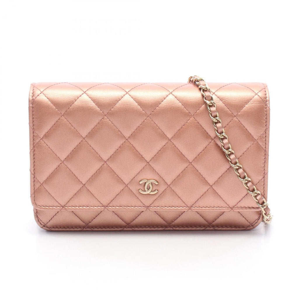Chanel Shoulder Bag Quilted Metallic Rose Gold Leather Chain Wallet