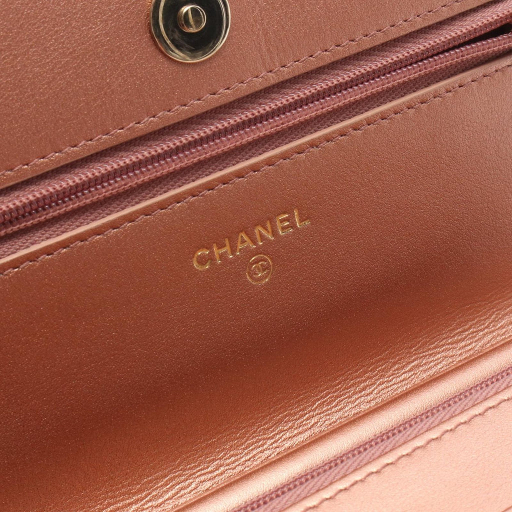 Chanel Shoulder Bag Quilted Metallic Rose Gold Leather Chain Wallet
