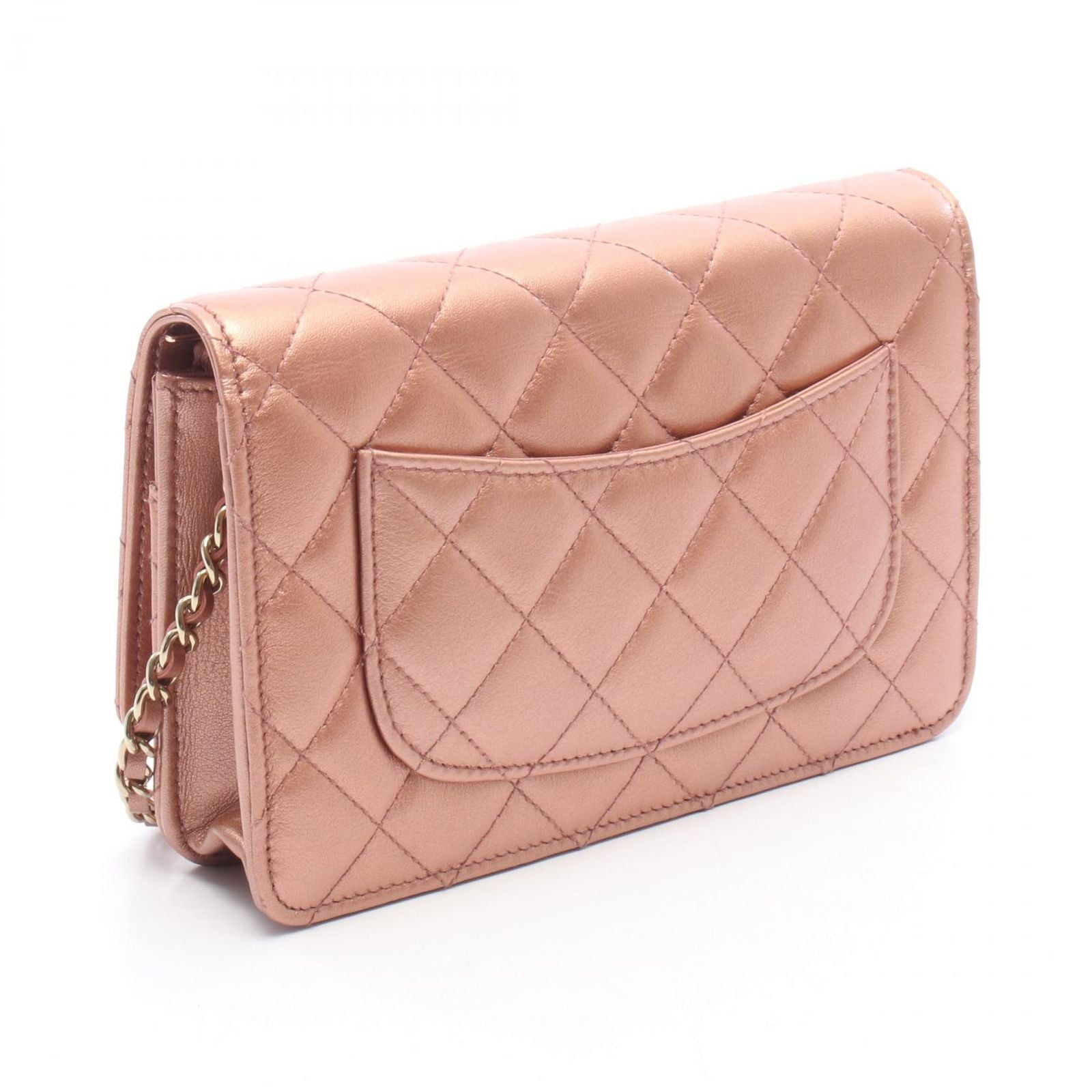 Chanel Shoulder Bag Quilted Metallic Rose Gold Leather Chain Wallet