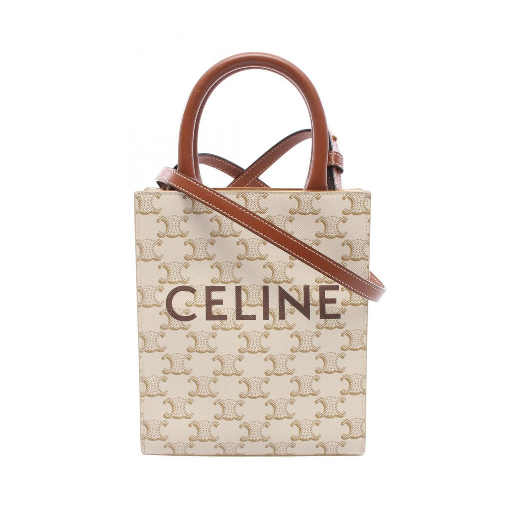 Celine Handbag Mini Vertical Cabas Triomphe 2-Way Ivory Brown Canvas Leather