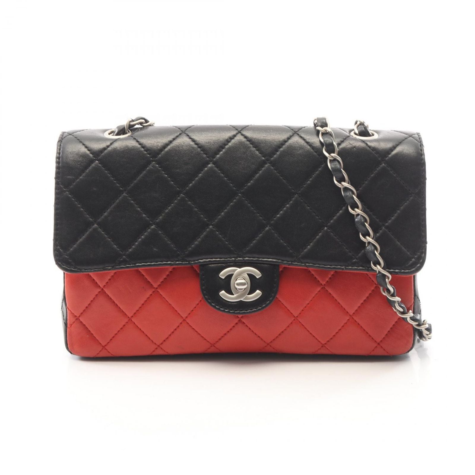 Chanel Shoulder Bag Quilted Single Flap Bicolor Black Red Lambskin Chain