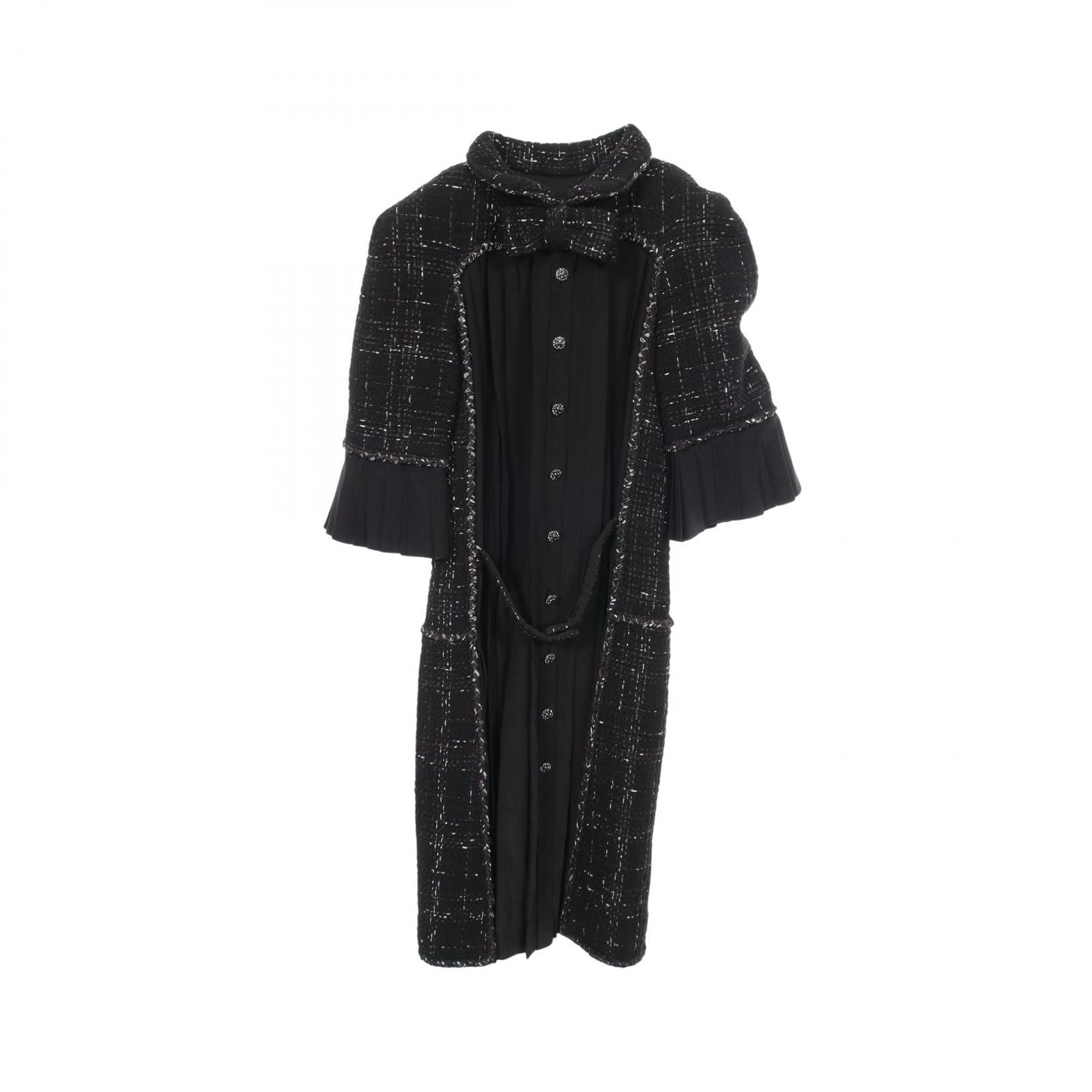 Chanel Dress Bijou Button Tweed Switch Pleated Cotton