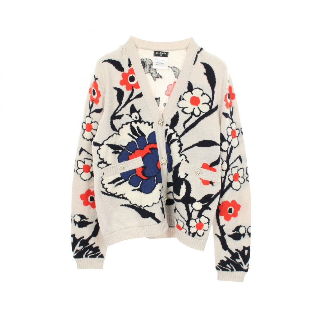 Chanel Cardigan Floral Neck White Cashmere