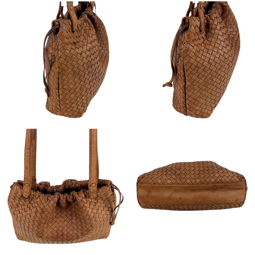 Bottega Veneta Intrecciato Leather Drawstring Shoulder Bag Mini Tote Brown