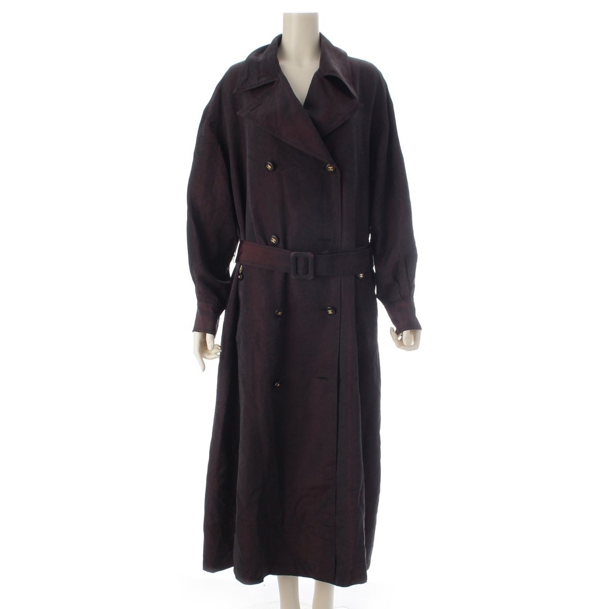 Chanel Vintage Silk Paper Tag Glossy Trench Coat Burgundy 38
