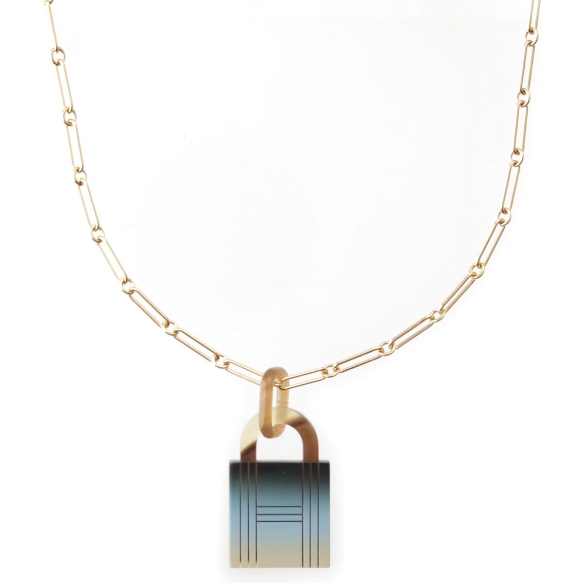 Hermes Buffalo Horn Amulet Cadena Motif Necklace Blue