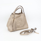 Gucci Soho Mini Shoulder Bag Gray Calf Leather Tassel Charm Interlocking 2-Way