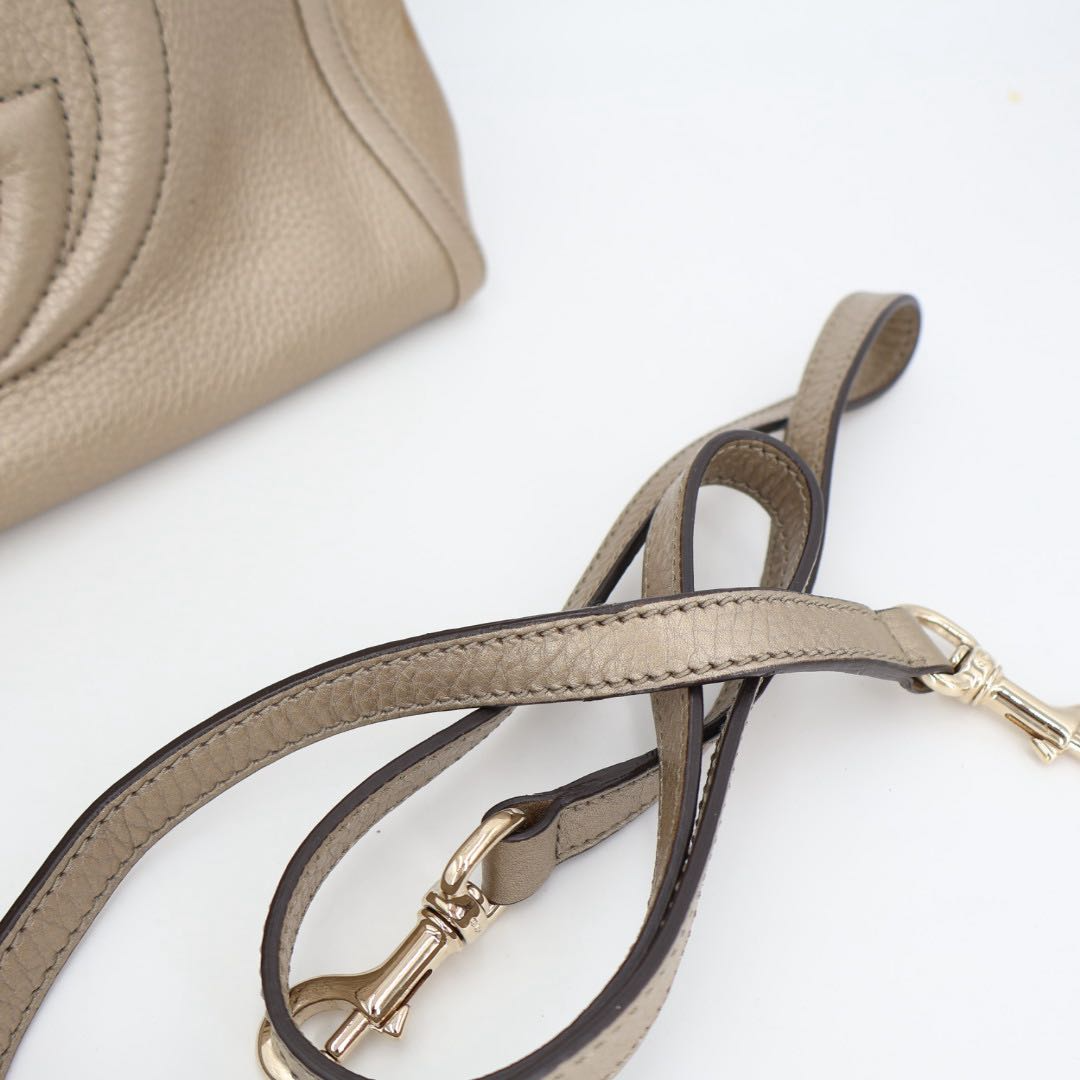 Gucci Soho Mini Shoulder Bag Gray Calf Leather Tassel Charm Interlocking 2-Way