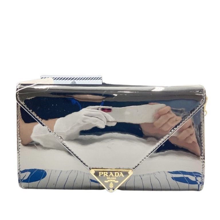 Prada Shoulder Bag Triangle Togo Black Patent Chain Gold
