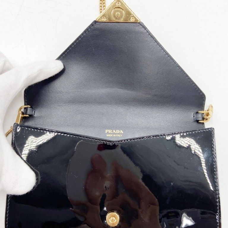 Prada Shoulder Bag Triangle Togo Black Patent Chain Gold