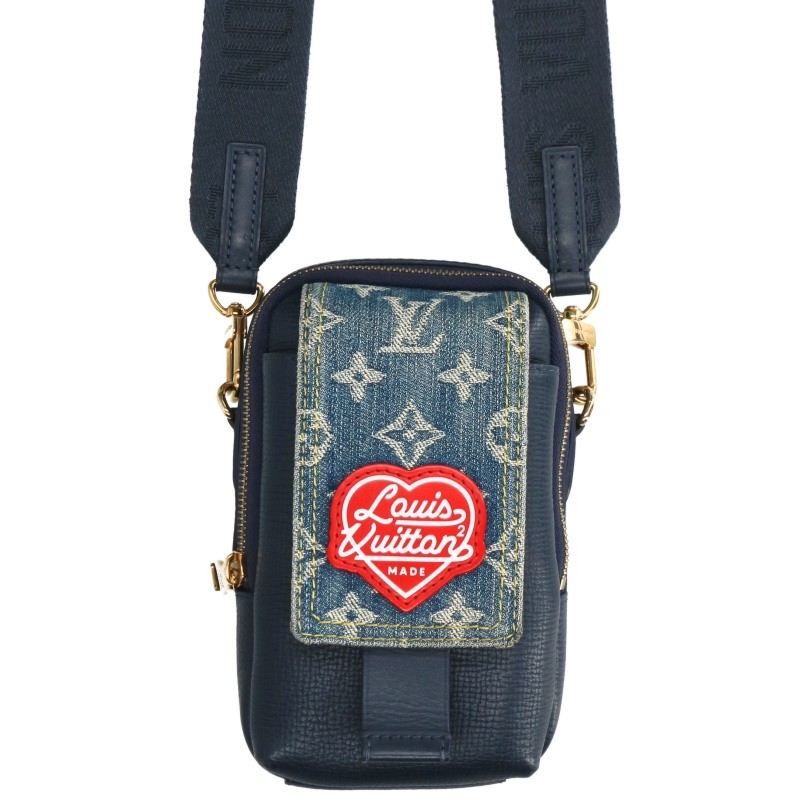Louis Vuitton Double Phone Pouch Monogram Denim Leather Shoulder