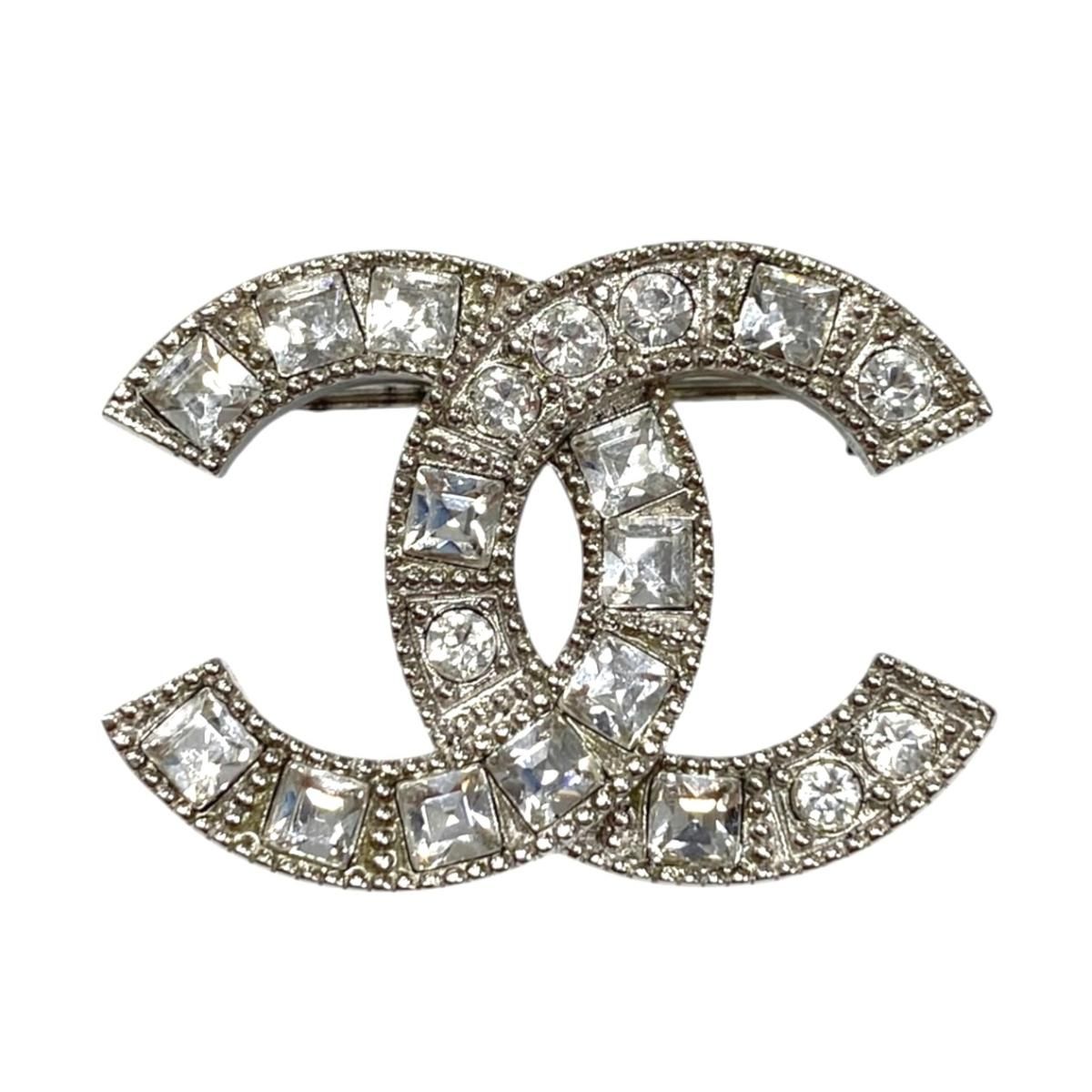 Chanel Brooch CC Logo Rhinestone Silver