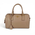 Prada Trial Patch Top Handle Satchel Saffiano Leather Beige Pink Mini