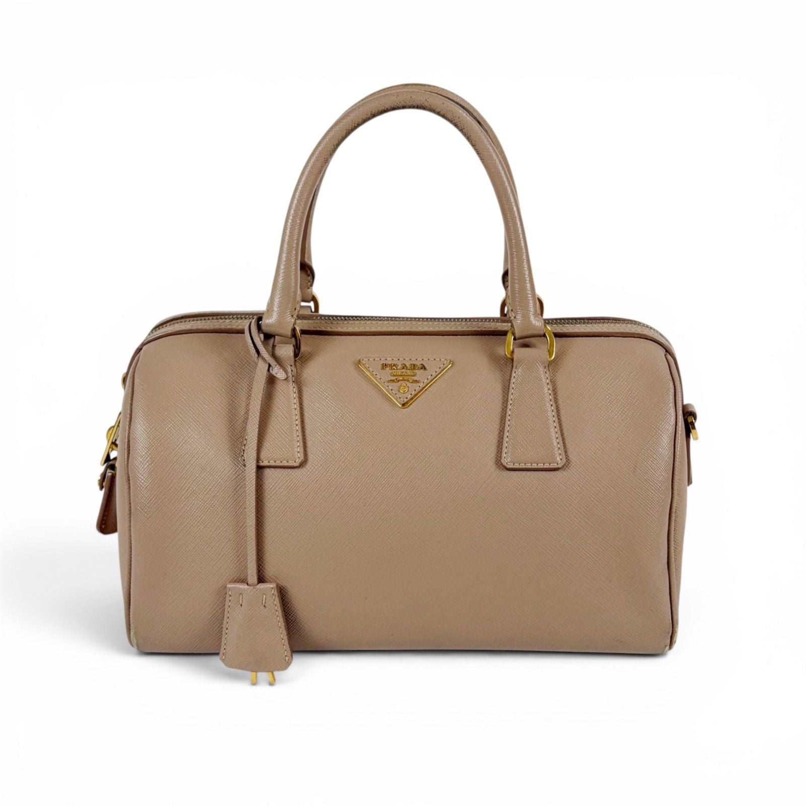 Prada Trial Patch Top Handle Satchel Saffiano Leather Beige Pink Mini