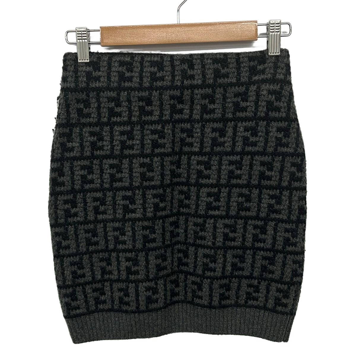Fendi Skirt 36 S Aloj Gray Dark Zucca Pattern Cashmere Knit