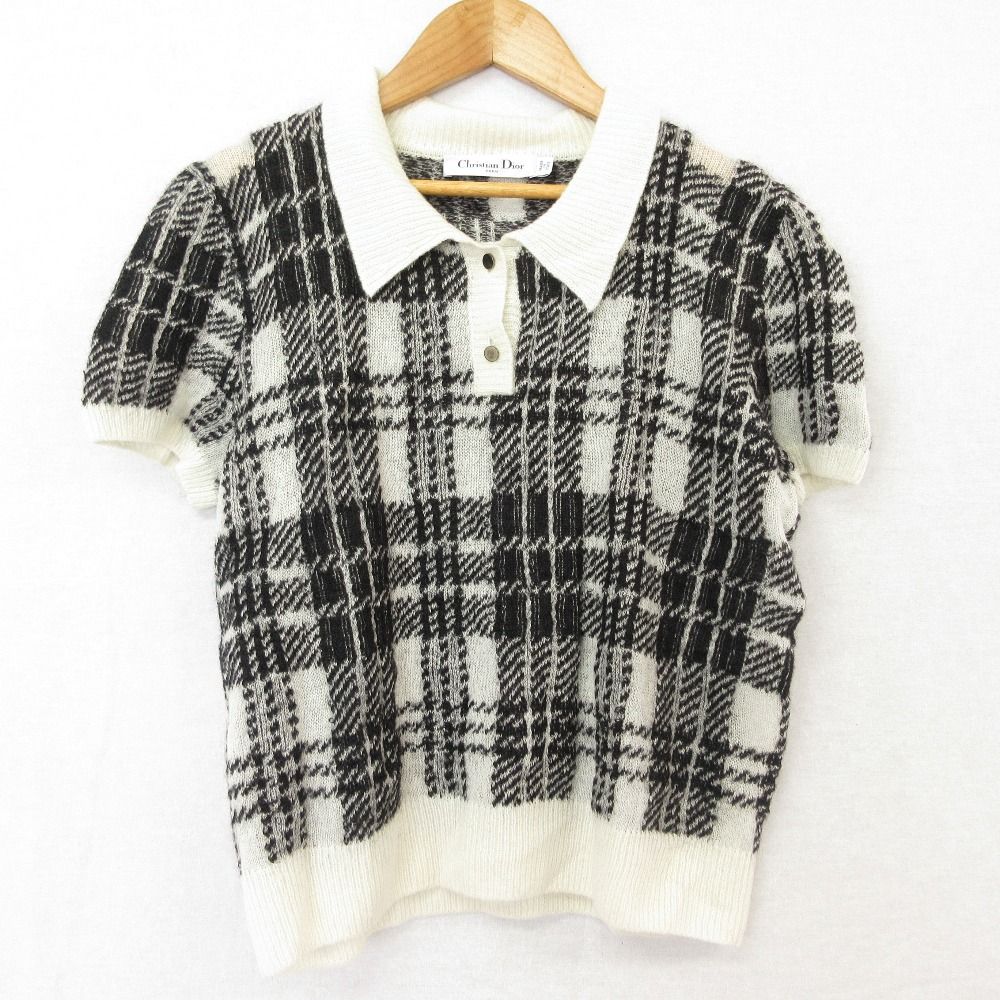 Dior Plaid Mohair Knit Polo Shirt Sweater 46 White Black