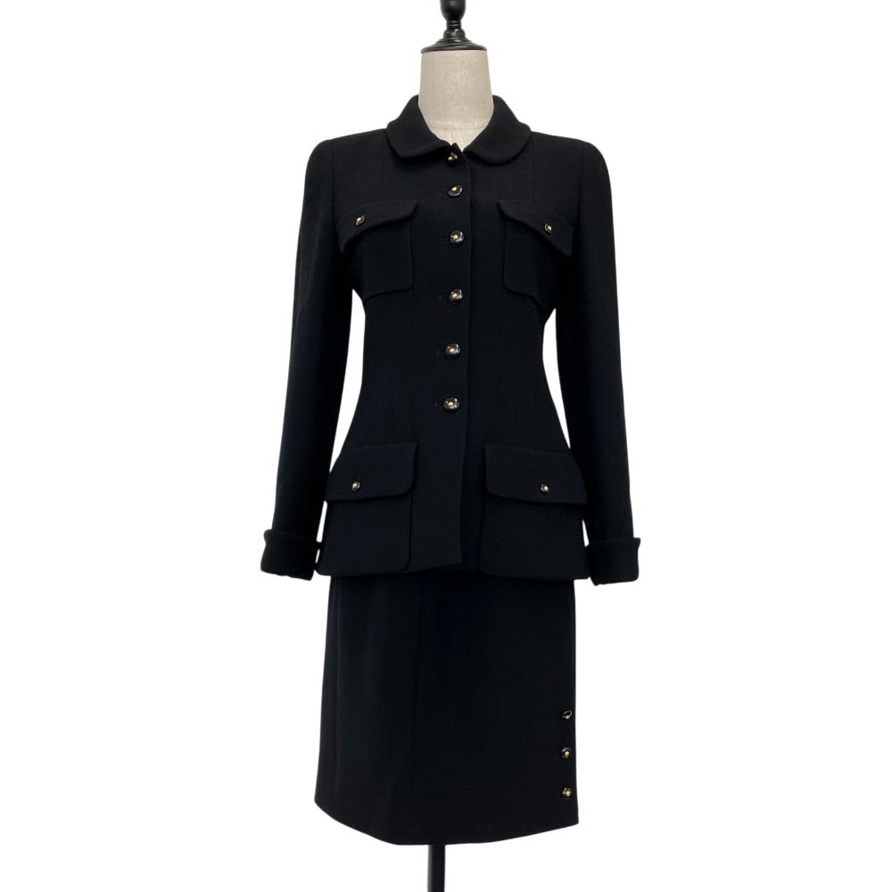 Chanel Vintage CC Logo Button Tweed Jacket Skirt Set 38 Black