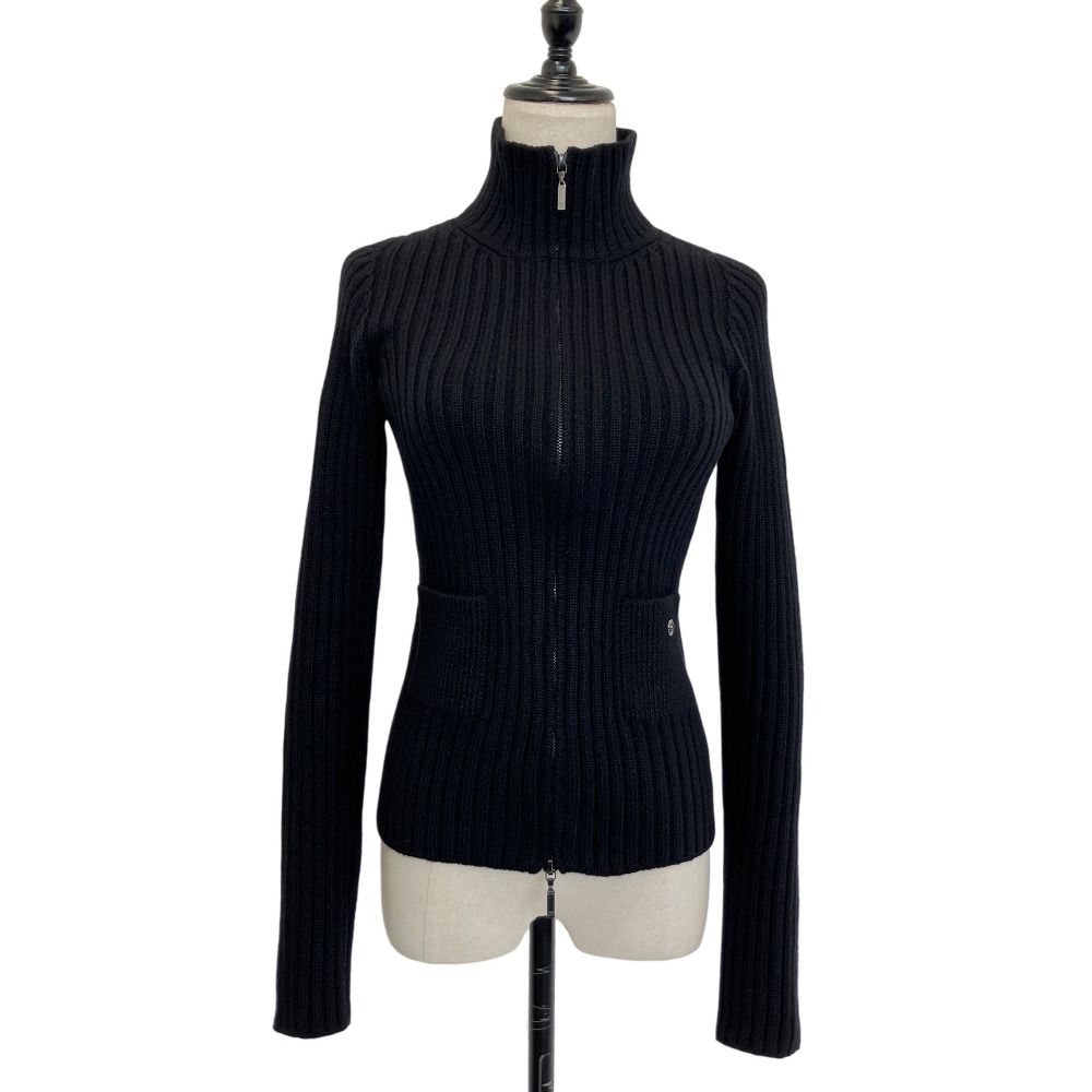 Chanel Cashmere 100% CC Logo Wide Rib Knit Zip Jacket 34 Black