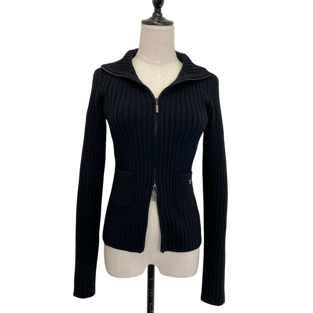 Chanel Cashmere 100% CC Logo Wide Rib Knit Zip Jacket 34 Black — view 2
