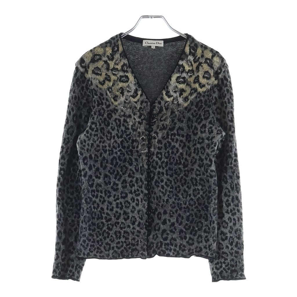 Dior Vintage Embroidered Leopard Wool Cardigan Gray