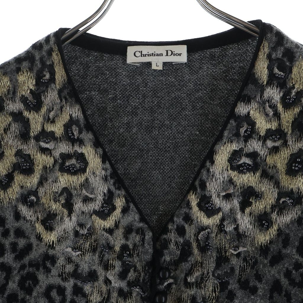 Dior Vintage Embroidered Leopard Wool Cardigan Gray — view 3