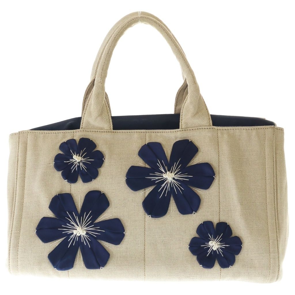 Prada Canapa Flower Applique Tote Bag Ivory Navy Canvas Silver