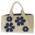 Prada Canapa Flower Applique Tote Bag Ivory Navy Canvas Silver
