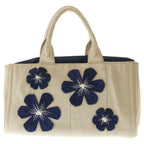 Prada Canapa Flower Applique Tote Bag Ivory Navy Canvas Silver