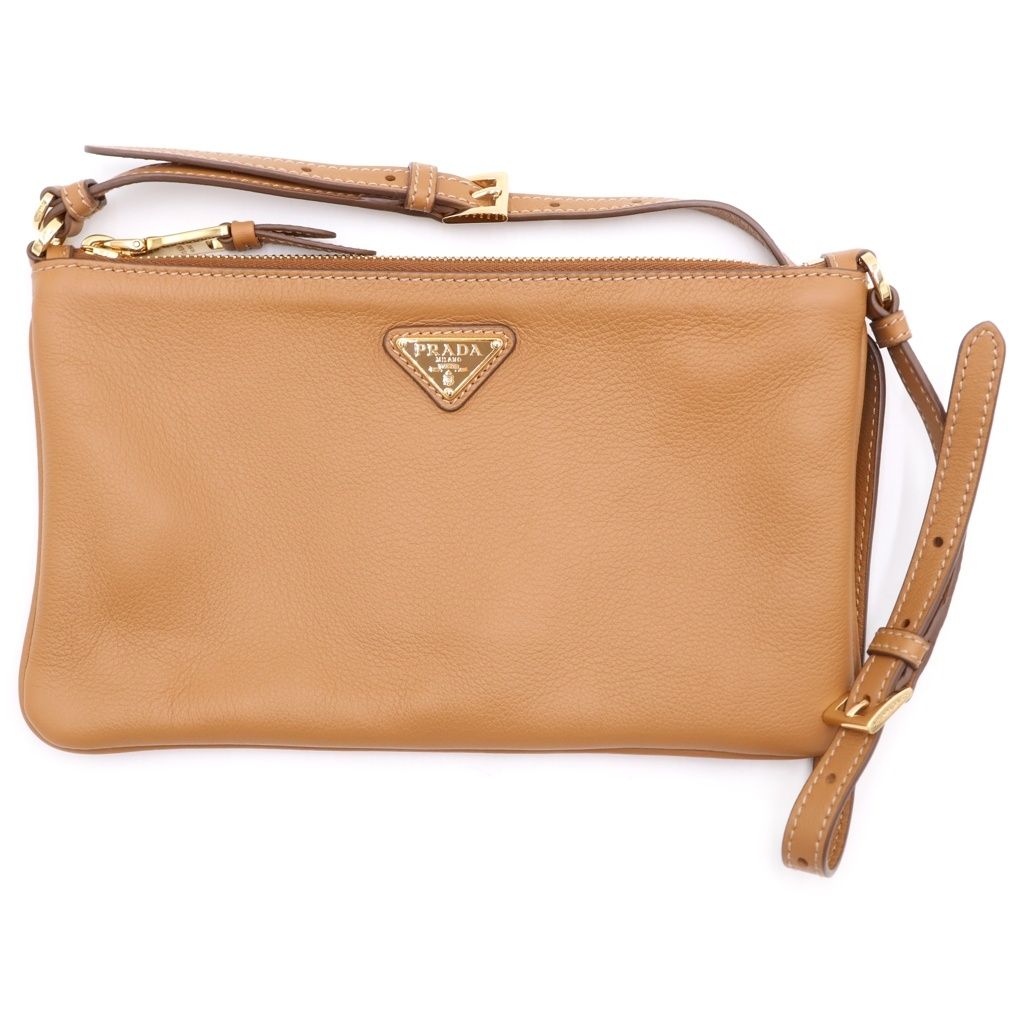 Prada Soft Gray Mini Shoulder Bag Camel Brown Leather Gold
