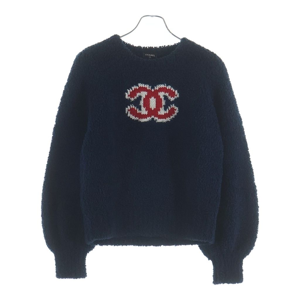 Chanel CC Logo Wool Acrylic Long Sleeve Knit Sweater Cashmere Blend Navy