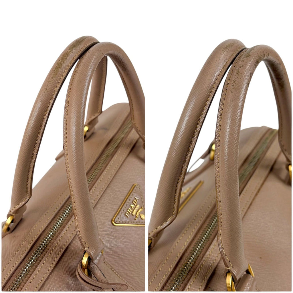 Prada Trial Patch Top Handle Satchel Saffiano Leather Beige Pink Mini — view 6