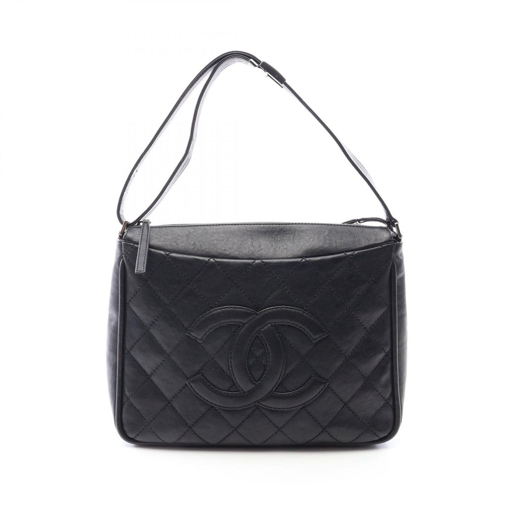 Chanel Shoulder Bag Wild Stitch Big CC Logo Black Leather Quilted CC