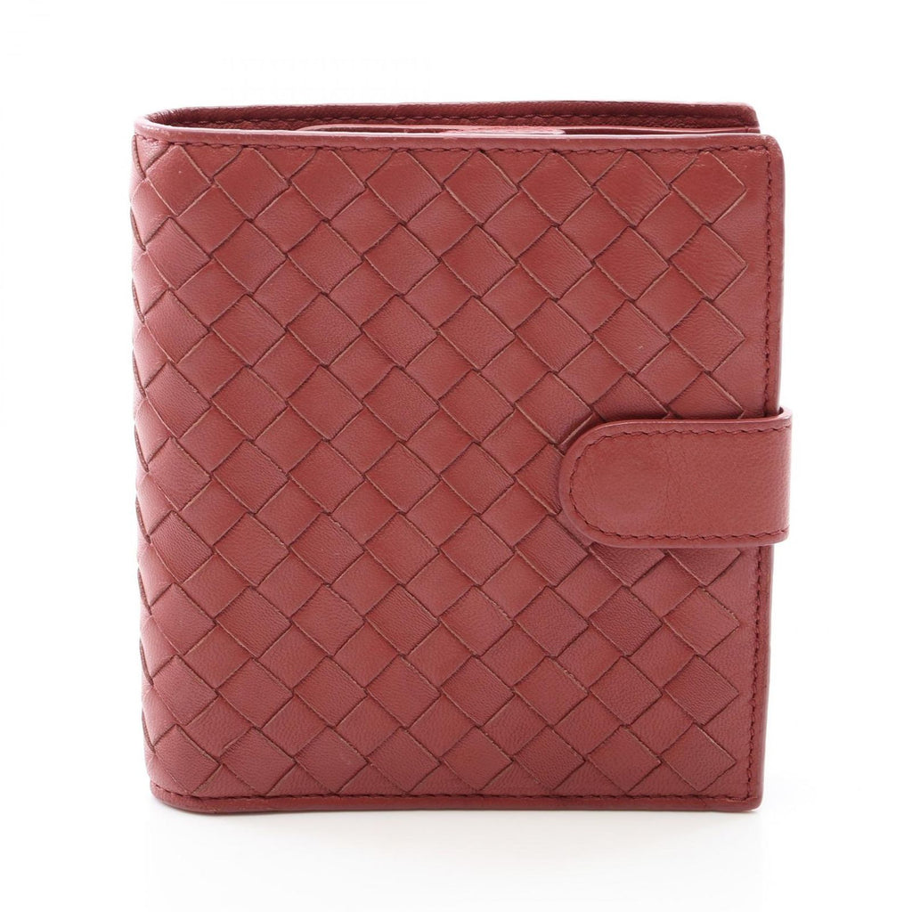 Bottega Veneta Bifold Wallet Intrecciato Red Brown Leather