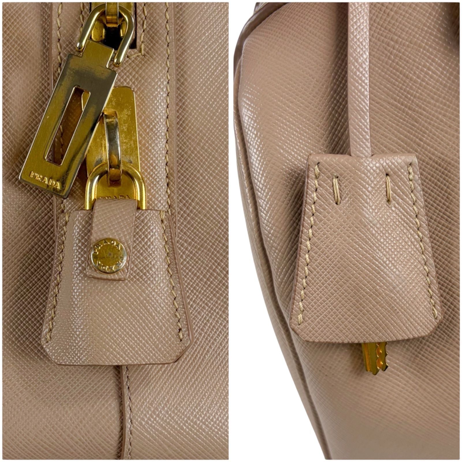 Prada Trial Patch Top Handle Satchel Saffiano Leather Beige Pink Mini — view 8