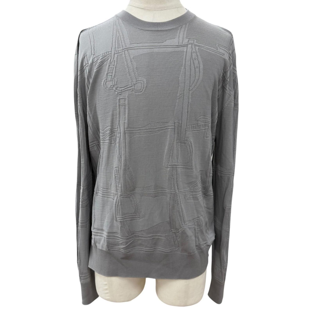 Hermes Fragmon Equestre Integral Wool Crew Neck Knit Gray Sweater
