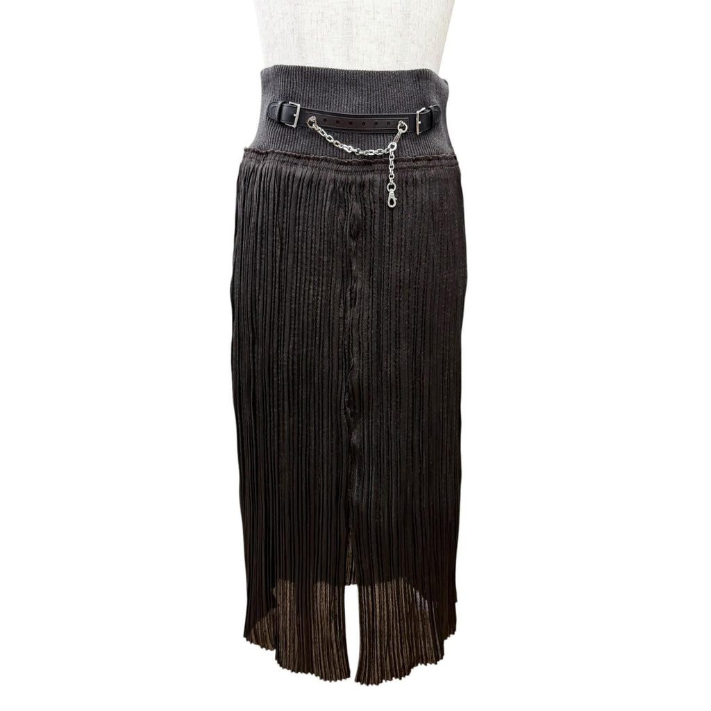 Hermes Leather with Chain Slit Long Pleated Skirt Dark Brown 38